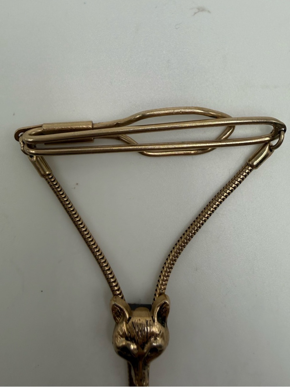 Vintage Fox Head Tie Clip Chain Gold Tone Figural Animal Mens - Picture 2 of 3